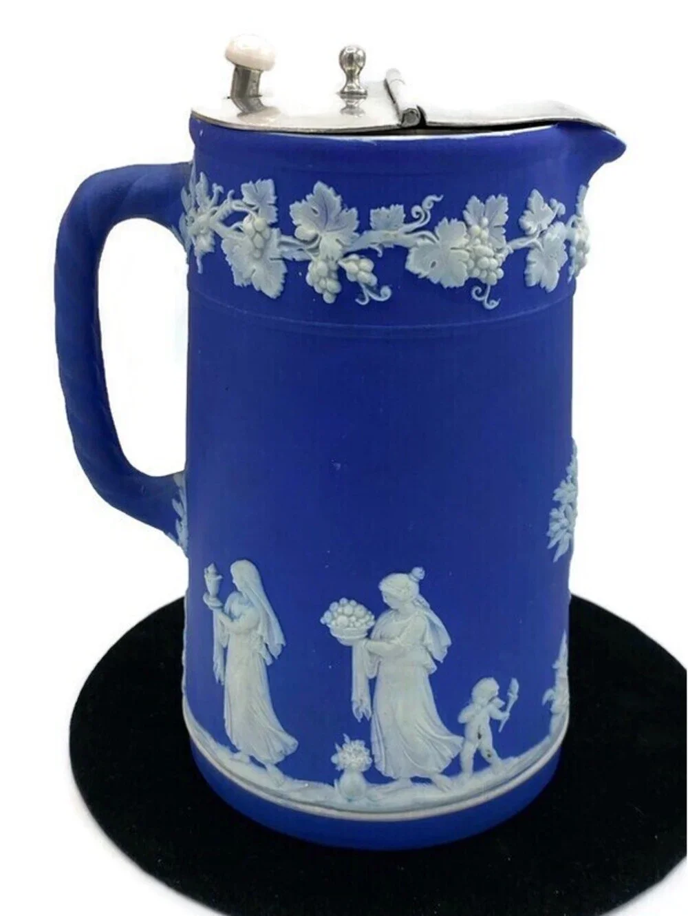 Wedgwood Blue Etruscan Jasperware Syrup Jug Pitcher W/ Lid